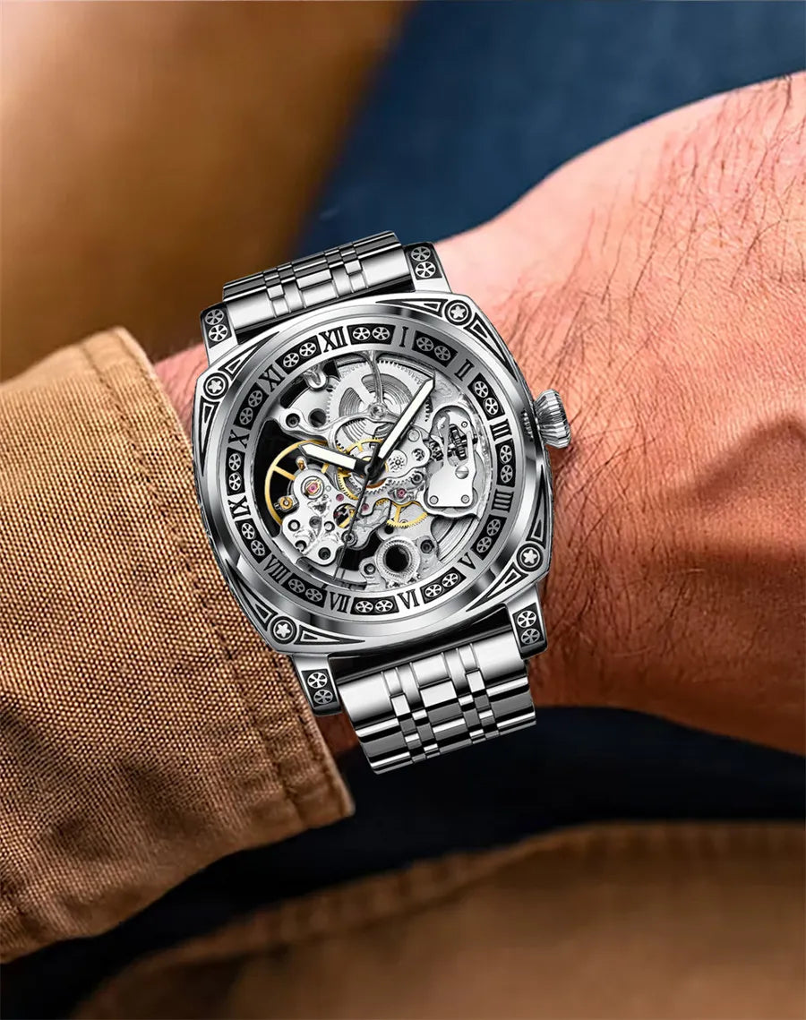 GLENAW New Golden Luxury Casual Design Brown Leather Strap Mens Watches Brand Luxury Mechanical Skeleton Watch Relogio Masculino