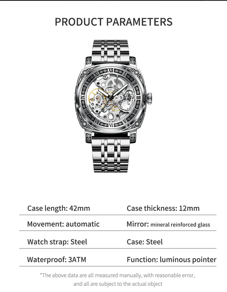 GLENAW New Golden Luxury Casual Design Brown Leather Strap Mens Watches Brand Luxury Mechanical Skeleton Watch Relogio Masculino