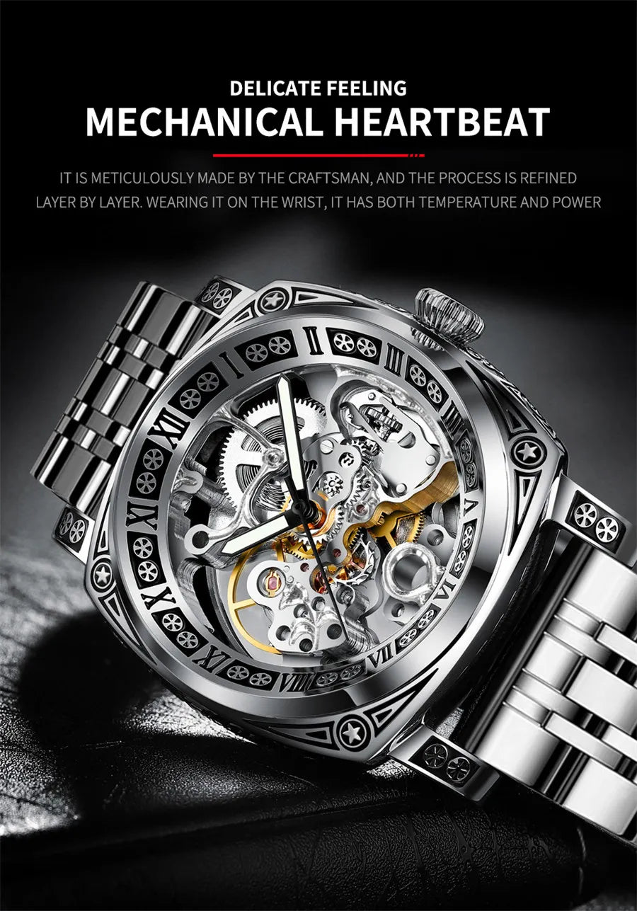 GLENAW New Golden Luxury Casual Design Brown Leather Strap Mens Watches Brand Luxury Mechanical Skeleton Watch Relogio Masculino