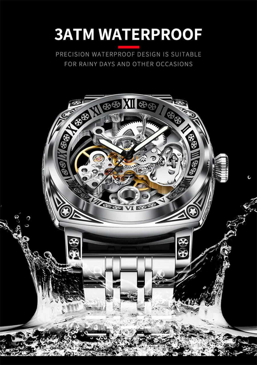 GLENAW New Golden Luxury Casual Design Brown Leather Strap Mens Watches Brand Luxury Mechanical Skeleton Watch Relogio Masculino