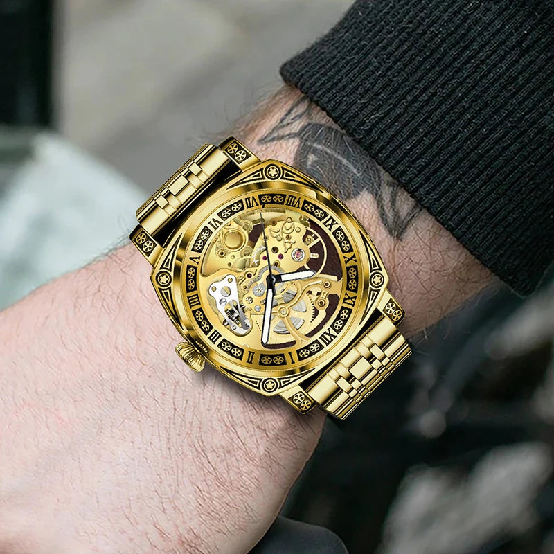 GLENAW New Golden Luxury Casual Design Brown Leather Strap Mens Watches Brand Luxury Mechanical Skeleton Watch Relogio Masculino