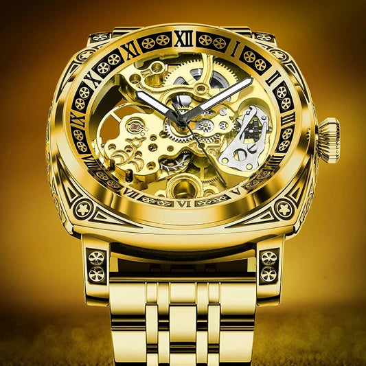 GLENAW New Golden Luxury Casual Design Brown Leather Strap Mens Watches Brand Luxury Mechanical Skeleton Watch Relogio Masculino