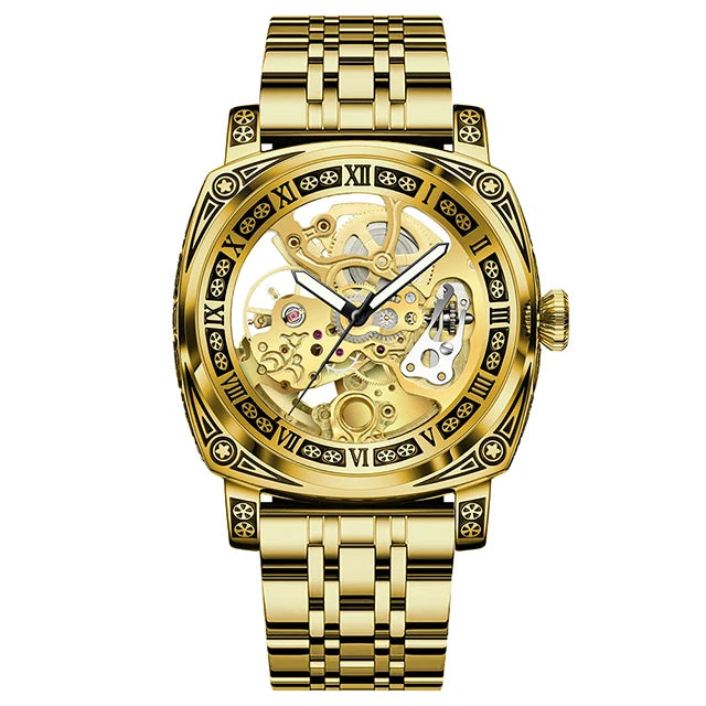 GLENAW New Golden Luxury Casual Design Brown Leather Strap Mens Watches Brand Luxury Mechanical Skeleton Watch Relogio Masculino
