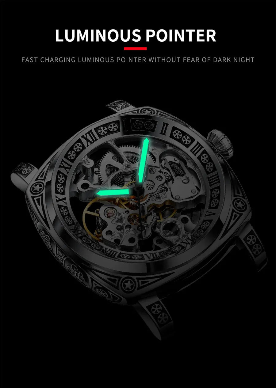 GLENAW New Golden Luxury Casual Design Brown Leather Strap Mens Watches Brand Luxury Mechanical Skeleton Watch Relogio Masculino