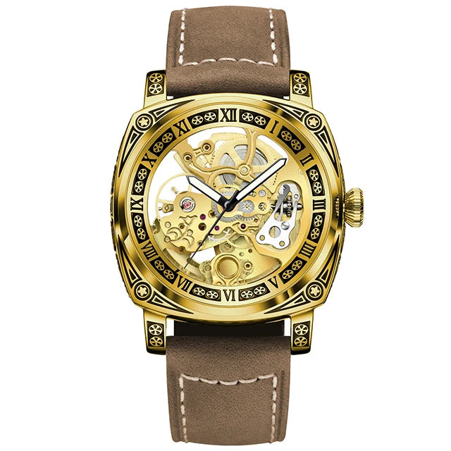 GLENAW New Golden Luxury Casual Design Brown Leather Strap Mens Watches Brand Luxury Mechanical Skeleton Watch Relogio Masculino