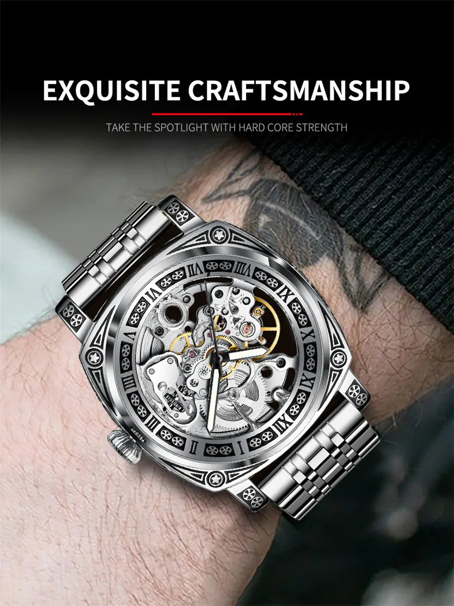 GLENAW New Golden Luxury Casual Design Brown Leather Strap Mens Watches Brand Luxury Mechanical Skeleton Watch Relogio Masculino
